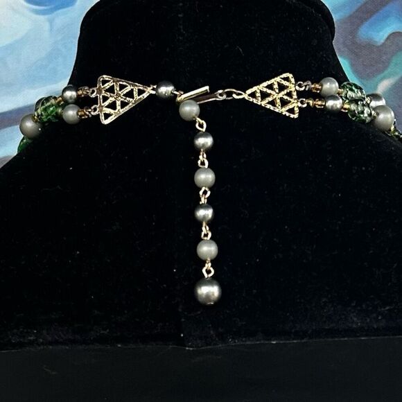Vtg Japan Necklace 13" Green Gray Faux Pearl Crystals Double Strand Graduated - Picture 6 of 6